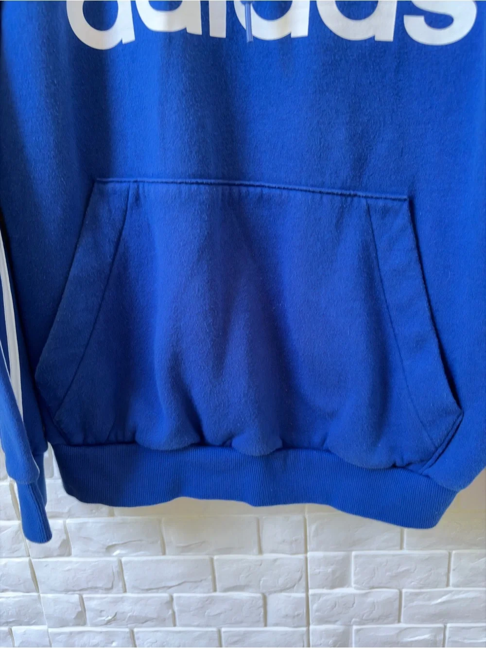 Adidas Blue Hoodie with White Logo and Shoulder Stripes
